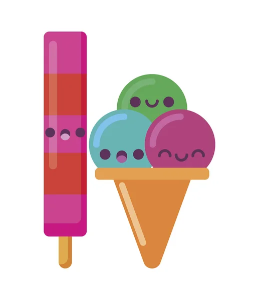 Kawaii sorvete e picolé desenho animado vetor — Vetor de Stock