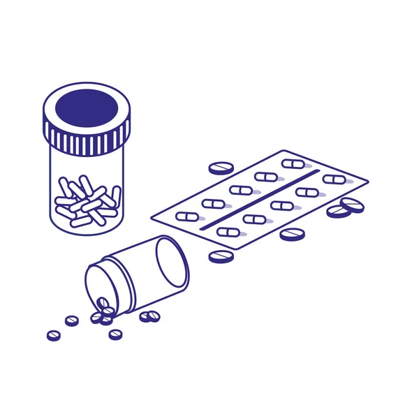 Pílulas isoladas tablet e frasco de design de vetor conceito de cuidados médicos —  Vetores de Stock