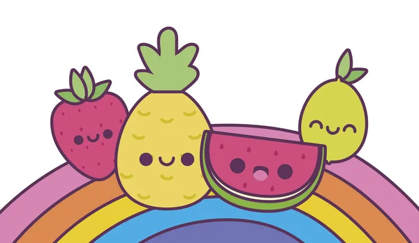 Regenbogen und Kawaii Früchte Cartoons Vektordesign — Stockvektor