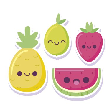 kawaii limon ananas karpuzu ve çilek çizgi film tasarımı