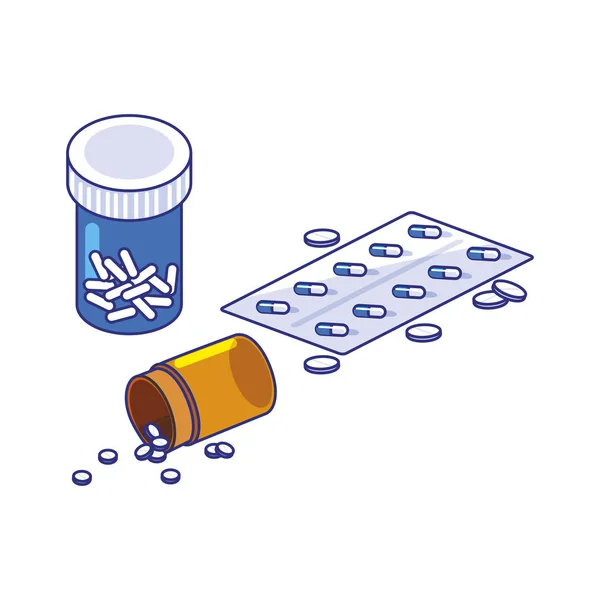 Pillole isolate e vaso di progettazione vettoriale concetto di assistenza medica — Vettoriale Stock