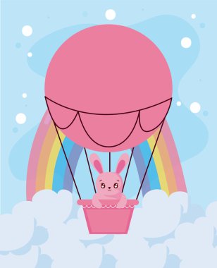 Sıcak hava balonu vektör tasarımının içindeki sevimli tavşan çizgi filmi.