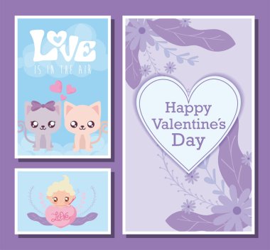 Kalp dostu bebek ve kediler sevgililer günü vektör tasarımının çizgi filmleridir.