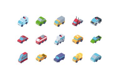 İzole edilmiş izometrik arabalar ikon vektör dizaynı