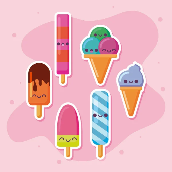 Kawaii gelati e ghiaccioli cartoni animati progettazione vettoriale — Vettoriale Stock