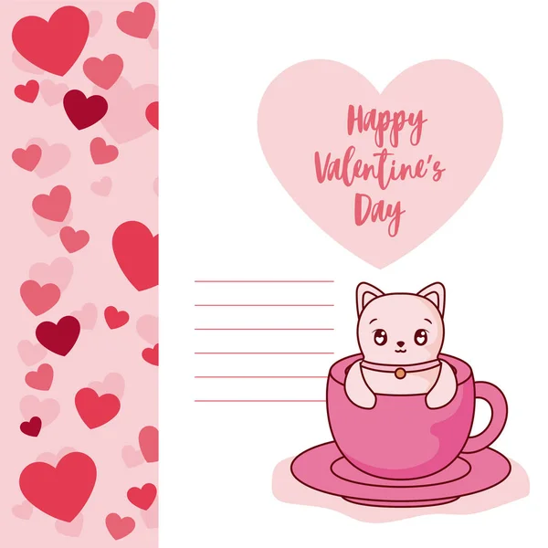 Dibujos animados gato dentro de taza de café de San Valentín diseño vectorial día — Archivo Imágenes Vectoriales