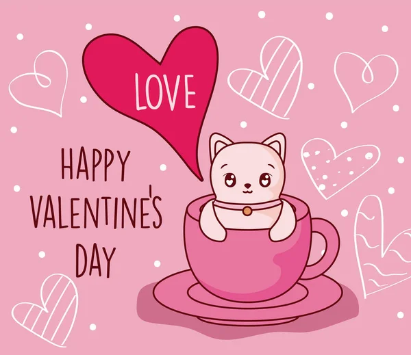 Dibujos animados gato dentro de la taza de café de San Valentín diseño vectorial día — Archivo Imágenes Vectoriales