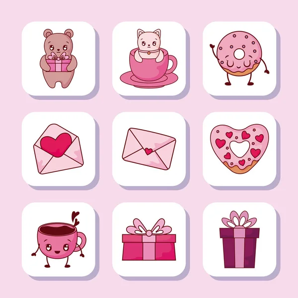 Love and valentines day icon set vector design — 스톡 벡터