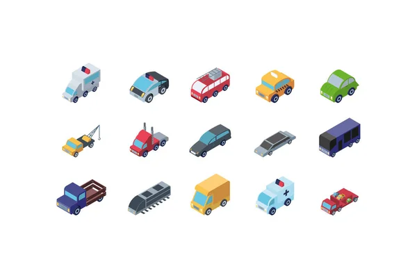 Coches isométricos aislados icono conjunto de diseño de vectores — Vector de stock