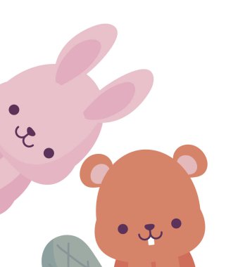 kawaii tavşan ve kunduz karikatür vektör tasarımı