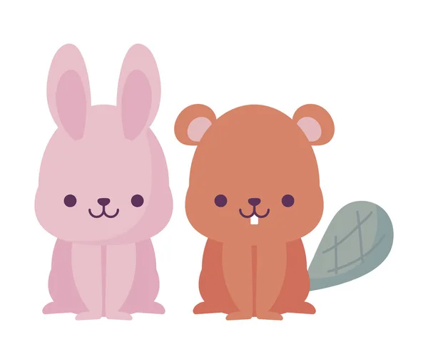 Kawaii kaninchen und biber cartoons vektordesign — Stockvektor