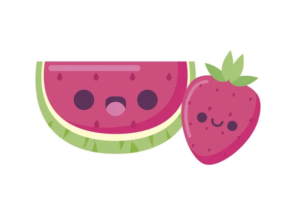 Kawaii pastèque et fraise fruit dessin animé vecteur design — Image vectorielle