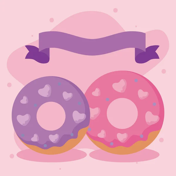 Donuts con corazones y diseño de vectores de cinta — Archivo Imágenes Vectoriales