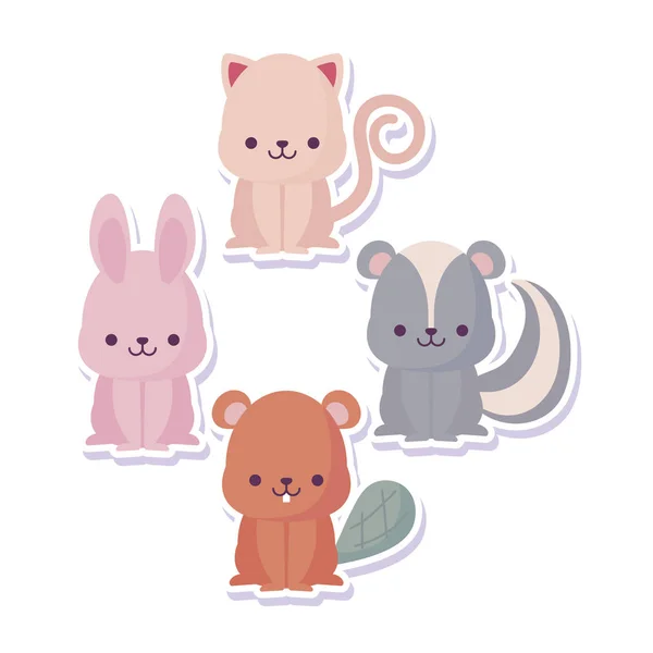 Kawaii conejo castor skunk y gato diseño de vectores de dibujos animados — Vector de stock