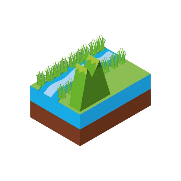 Conception isométrique isolée de vecteurs de montagne et de rivière — Image vectorielle