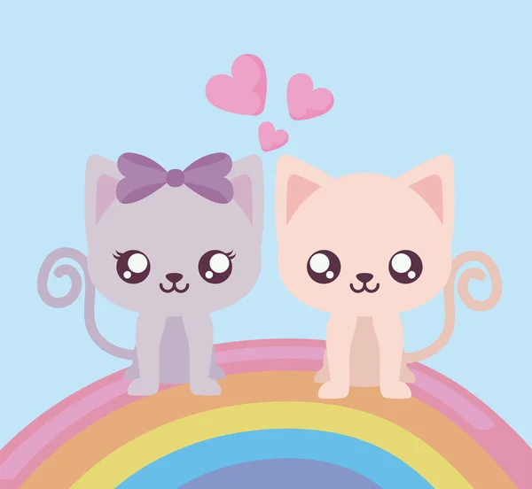 Mignons chats dessins animés et design vectoriel arc-en-ciel — Image vectorielle