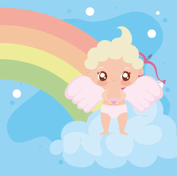 Cupido bebé dibujos animados y arco iris vector de diseño — Vector de stock