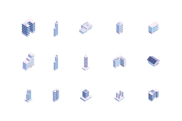 Bâtiments isométriques isolés de la ville blanche ensemble vectoriel design — Image vectorielle