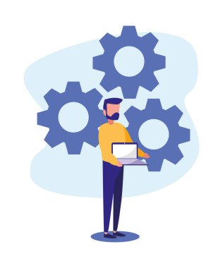 Dizüstü bilgisayarı ve vites dizaynı olan bir adam.