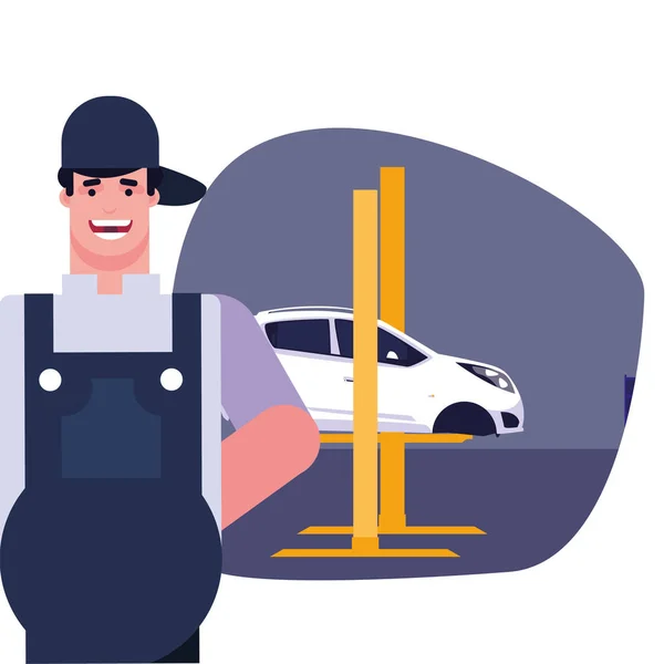 Repairman and car with overol in garage vector design — 스톡 벡터