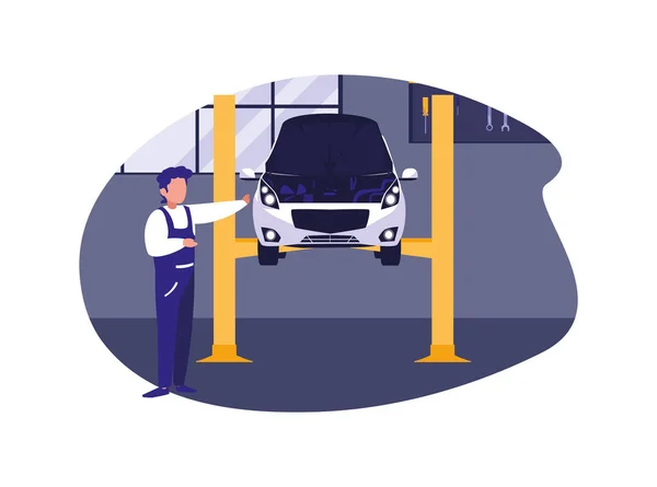 Repairman and car with overol in garage vector design — 스톡 벡터