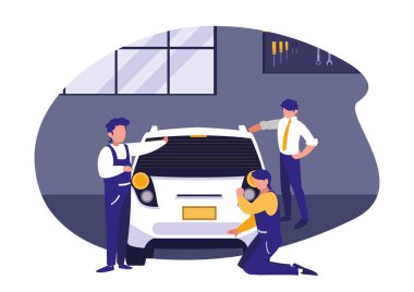 Garaj vektör tasarımında aşırıya kaçan tamirciler ve araba.