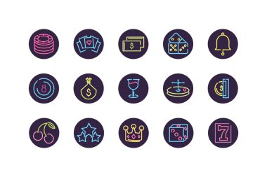 Neon ve kumarhane simgesi daire vektör tasarımı içinde ayarlandı