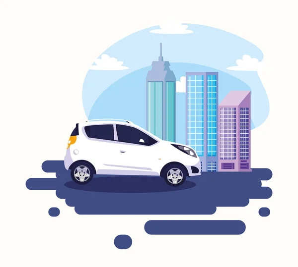 Car on the street in front of buildings vector design — 스톡 벡터