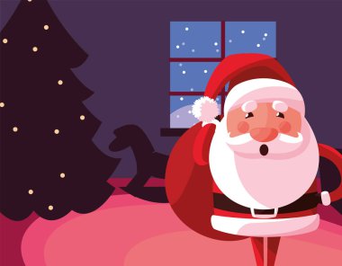 Mutlu Noeller Noel Baba çizgi filmi ve çam ağacı vektör tasarımı