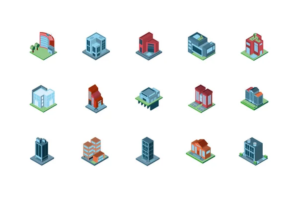 Bâtiments urbains isométriques isolés conception vectorielle — Image vectorielle