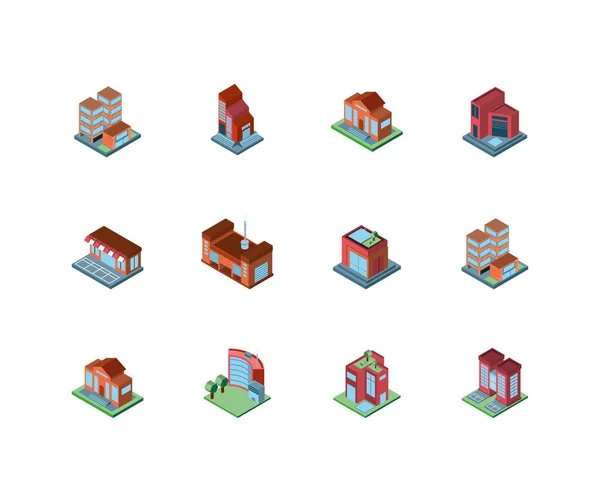 Bâtiments urbains isométriques isolés conception vectorielle — Image vectorielle