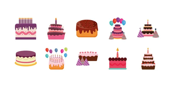 Alles Gute zum Geburtstag Kuchen Ikone Set Vektor-Design — Stockvektor