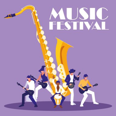 Saksafon enstrümanı ve müzisyenler vektör tasarımı