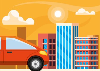 Caddedeki araba bina vektör tasarımının önünde.