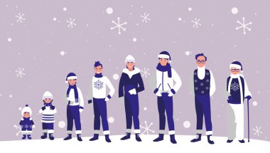 Mutlu noel ailesi ve kar taneleri vektör tasarımı