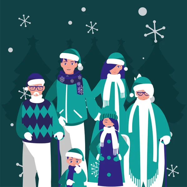 Vrolijk kerstfeest familie en sneeuwvlokken vector ontwerp — Stockvector