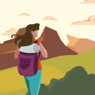 Çantalı ve peyzaj vektör tasarımlı yürüyüşçü kadın.