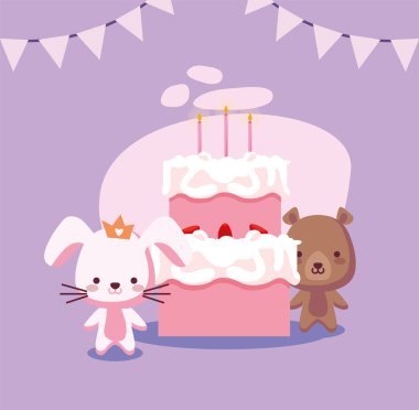 Doğum günü pastası tasarımlı tavşan ve ayı çizgi filmi