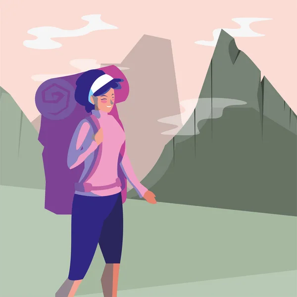 Mujer excursionista con bolsa y diseño de vectores de paisaje — Vector de stock