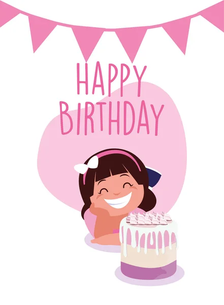 Chica de dibujos animados con feliz cumpleaños pastel de diseño de vectores — Vector de stock
