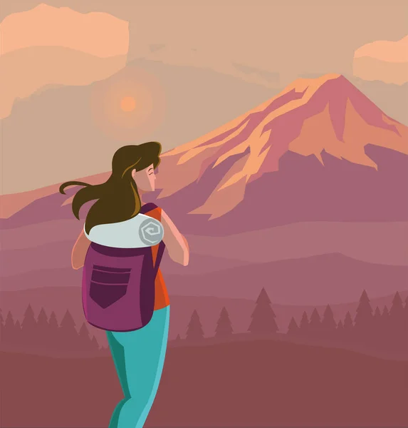 Femme randonneur avec sac et design vectoriel paysage — Image vectorielle