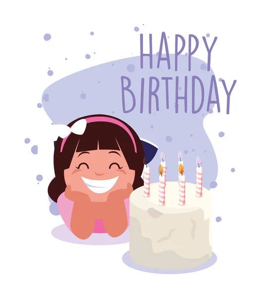 Chica de dibujos animados con feliz cumpleaños pastel de diseño de vectores — Vector de stock