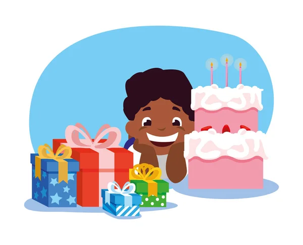 Garçon dessin animé avec gâteau d'anniversaire heureux et cadeaux vectoriel design — Image vectorielle