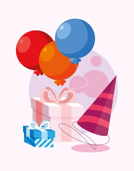 Happy Birthday Geschenke Luftballons und Hut Vektor-Design — Stockvektor