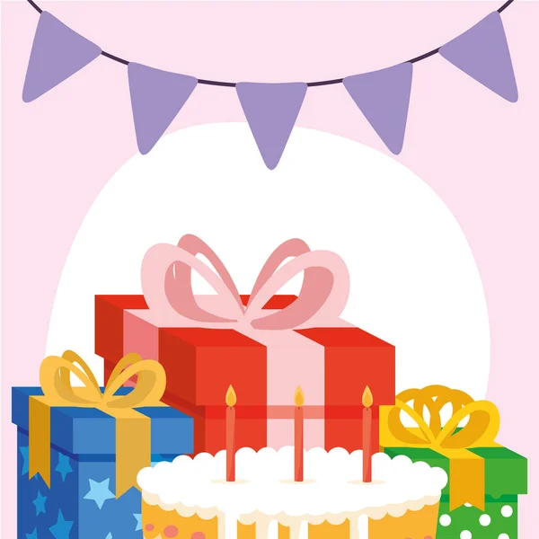 Feliz cumpleaños pastel y regalos vector de diseño — Archivo Imágenes Vectoriales