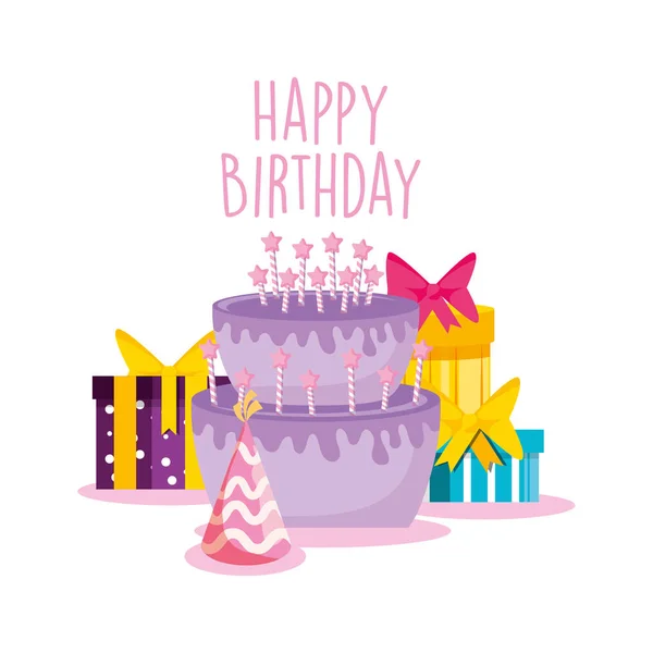 Happy birthday cake and gifts vector design — Stock Vector