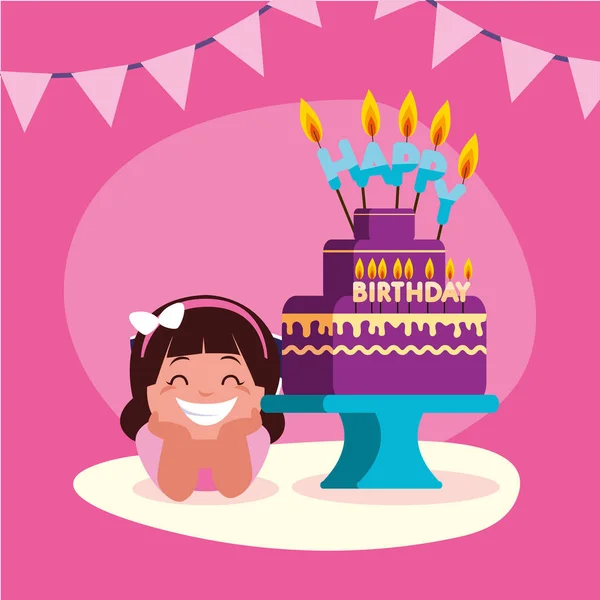 Chica de dibujos animados con feliz cumpleaños pastel de diseño de vectores — Vector de stock