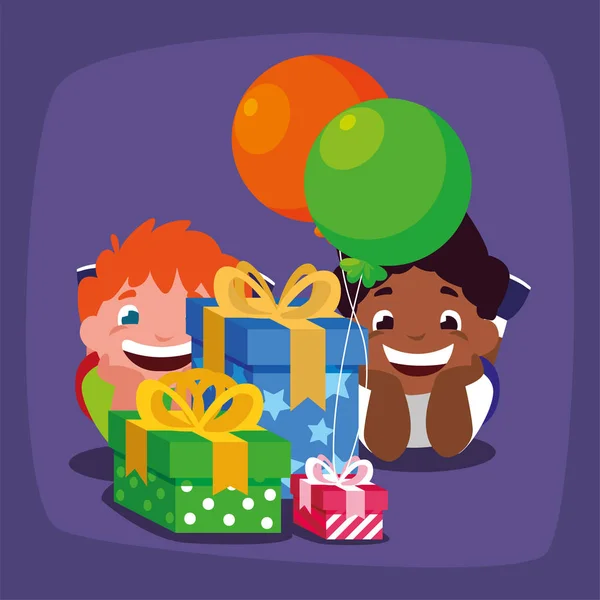 Niños dibujos animados con feliz cumpleaños regalos vector de diseño — Vector de stock