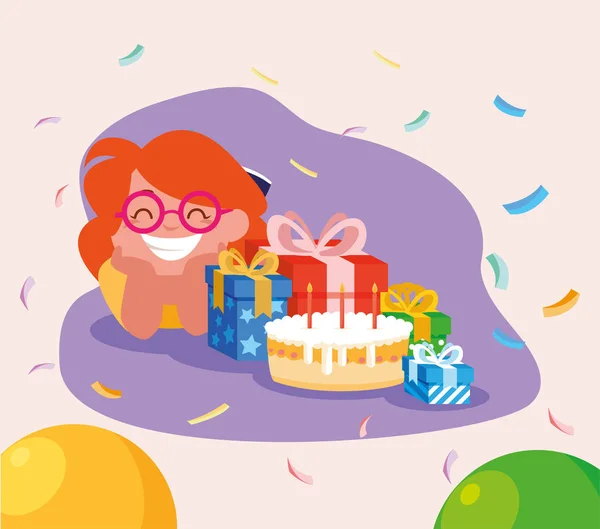 Mädchen Cartoon mit Happy Birthday Kuchen und Geschenke Vektor-Design — Stockvektor