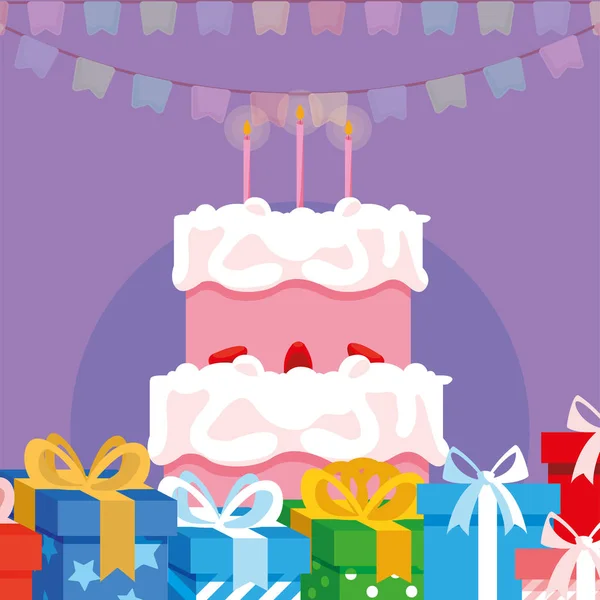 Happy birthday cake and gifts vector design — Stock Vector